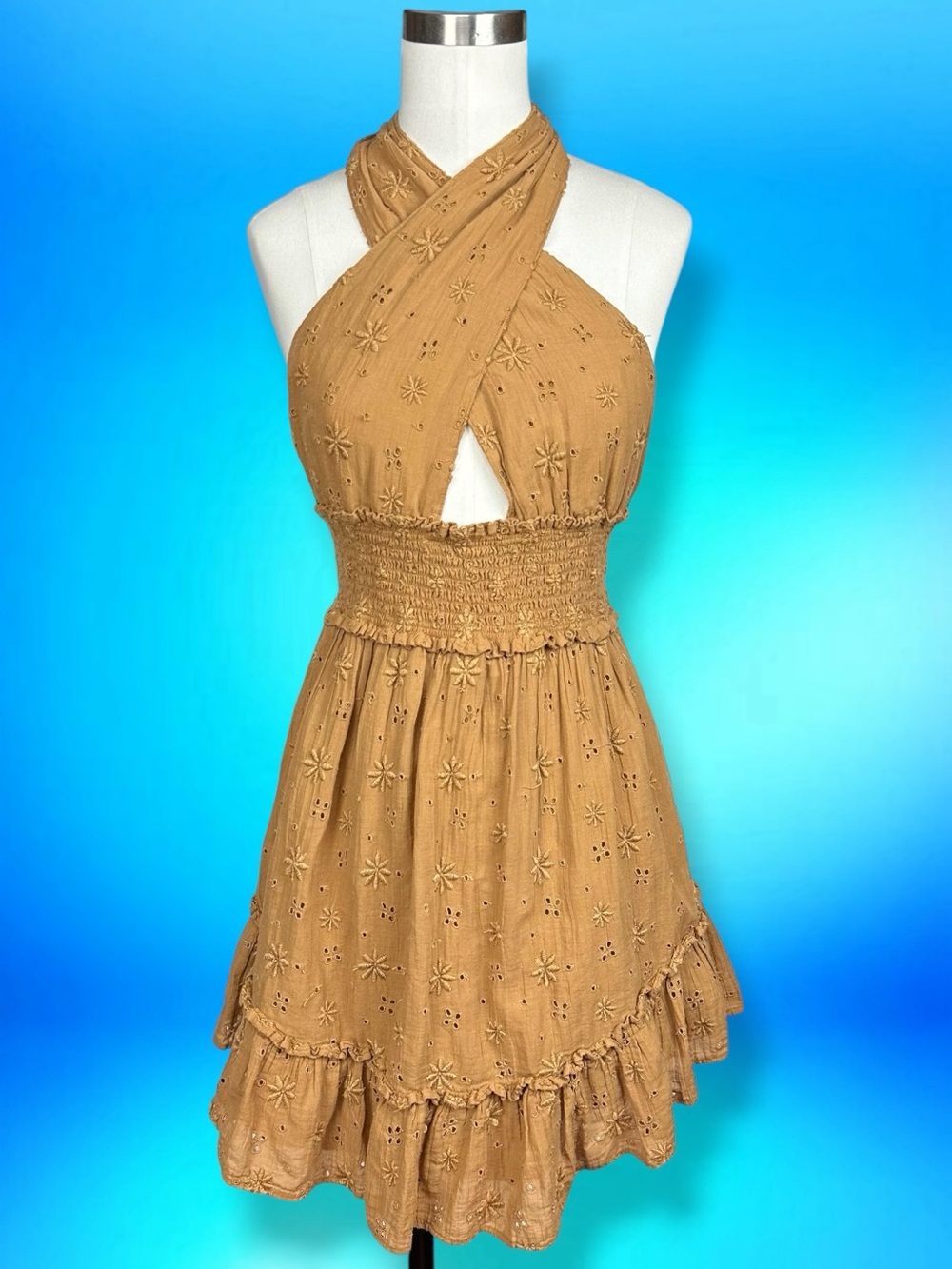 Aerie Spring Fling Boho Eyelet Lace Halter Crossover Backless Smocked Mini Dress